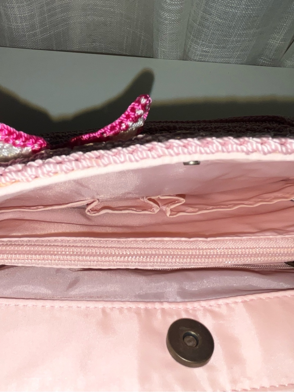 The SAK Pink Crochet Tote Bag with Brown Wooden Handles and Flower Appliqué - Picture 7 of 7